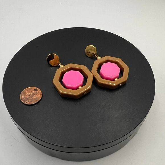 Kate Spade Pink Brown Resin Plastic Geometrical Hexagon Drop Pierced Earrings - Picture 8 of 10